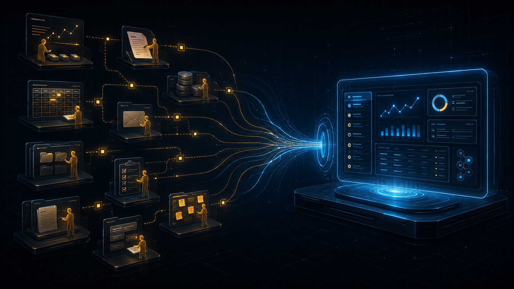 Disconnected business workflows converging into one organised software system.